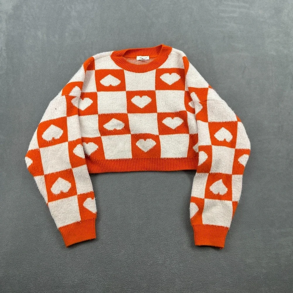 Topshop Cropped‎ Sweater Womens 8-10 White Orange Heart Check Tight Knit Ribbed